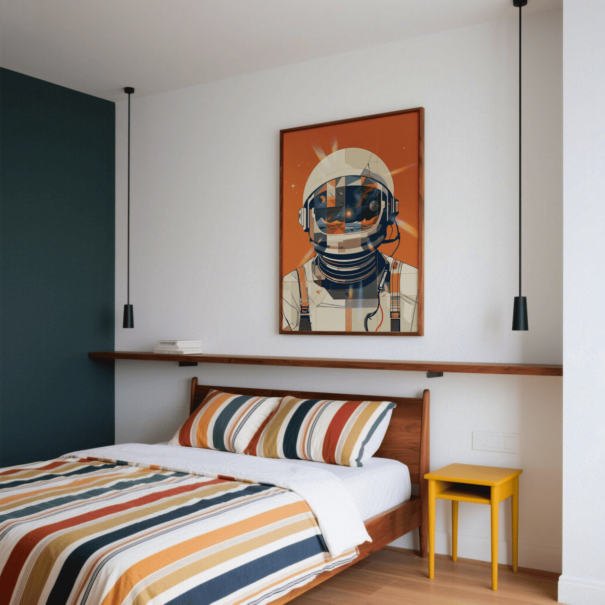 Print on a wall in a bedroom of an astronaut poster with orange and blue colours above the bed
