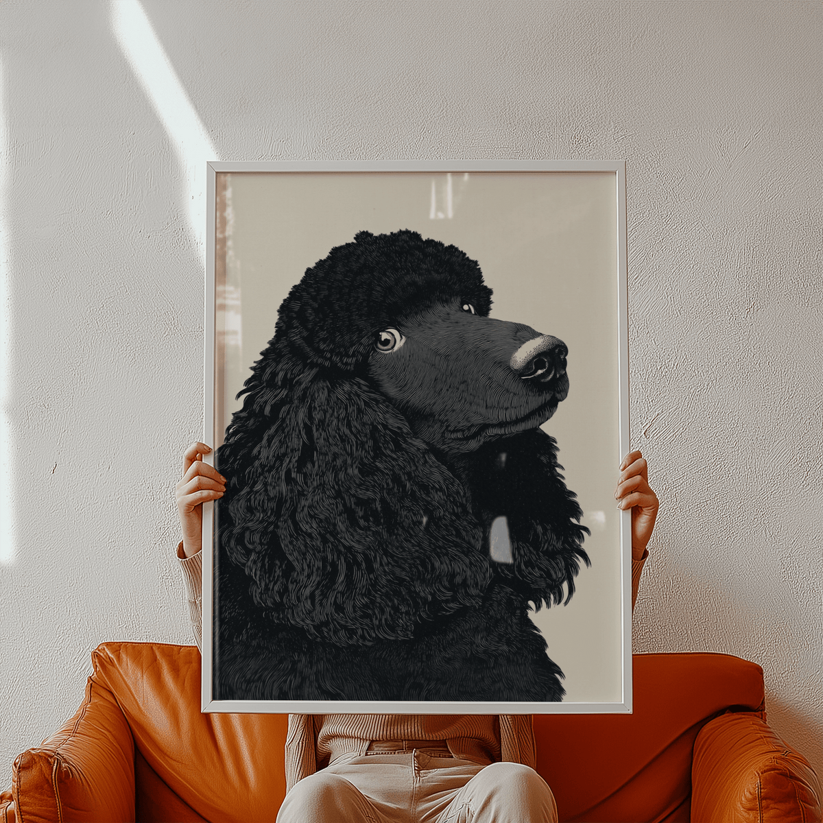 Framed close-up of Poodle Art Print showing black poodle illustration in neutral tones held by person on brown leather sofa