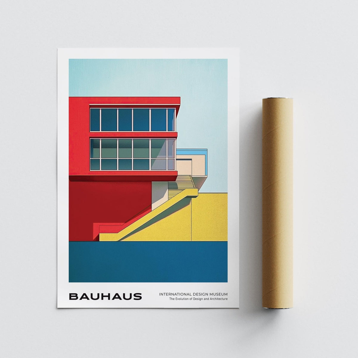 Mid Century Modern Art Prints flat artwork of a bauhaus building in primary colours with a packaging tube beside it