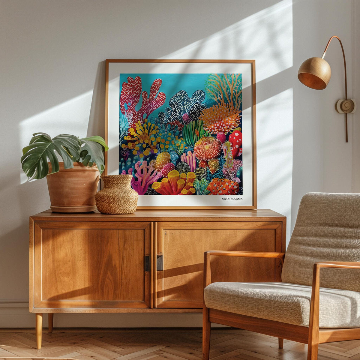 Colourful Ocean Picture vibrant coral reef artwork with bright reds and blues above a wooden sideboard