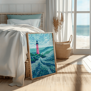 Modern Lighthouse Art print leaning on floor by a bed with natural woven basket nearby