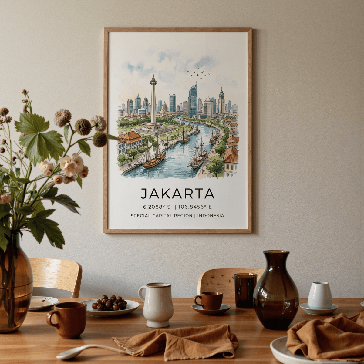 Jakarta City Art Print watercolour illustration of a river view with boats and skyline above a dining table