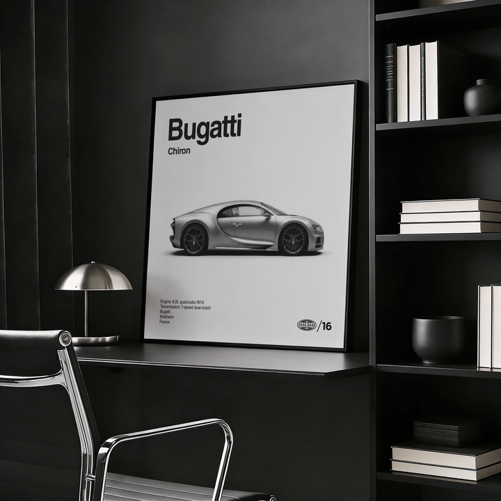 Modern Hypercar Poster leaning on a black desk with a silver lamp and books in a dark room