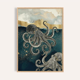 Close-up of modern octopus wall art with two octopuses in black and grey illustration