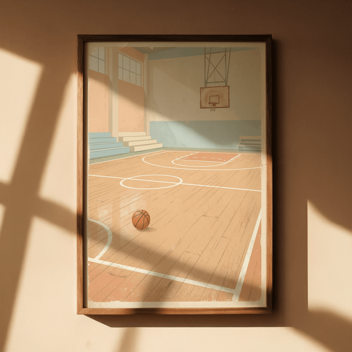Framed Vintage Basketball Wall Art showing a minimalist court in pastel shades with sunlight and shadows on the wall