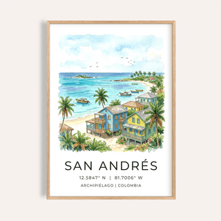 San Andres Art Print of beach houses in watercolour with blue and yellow tones