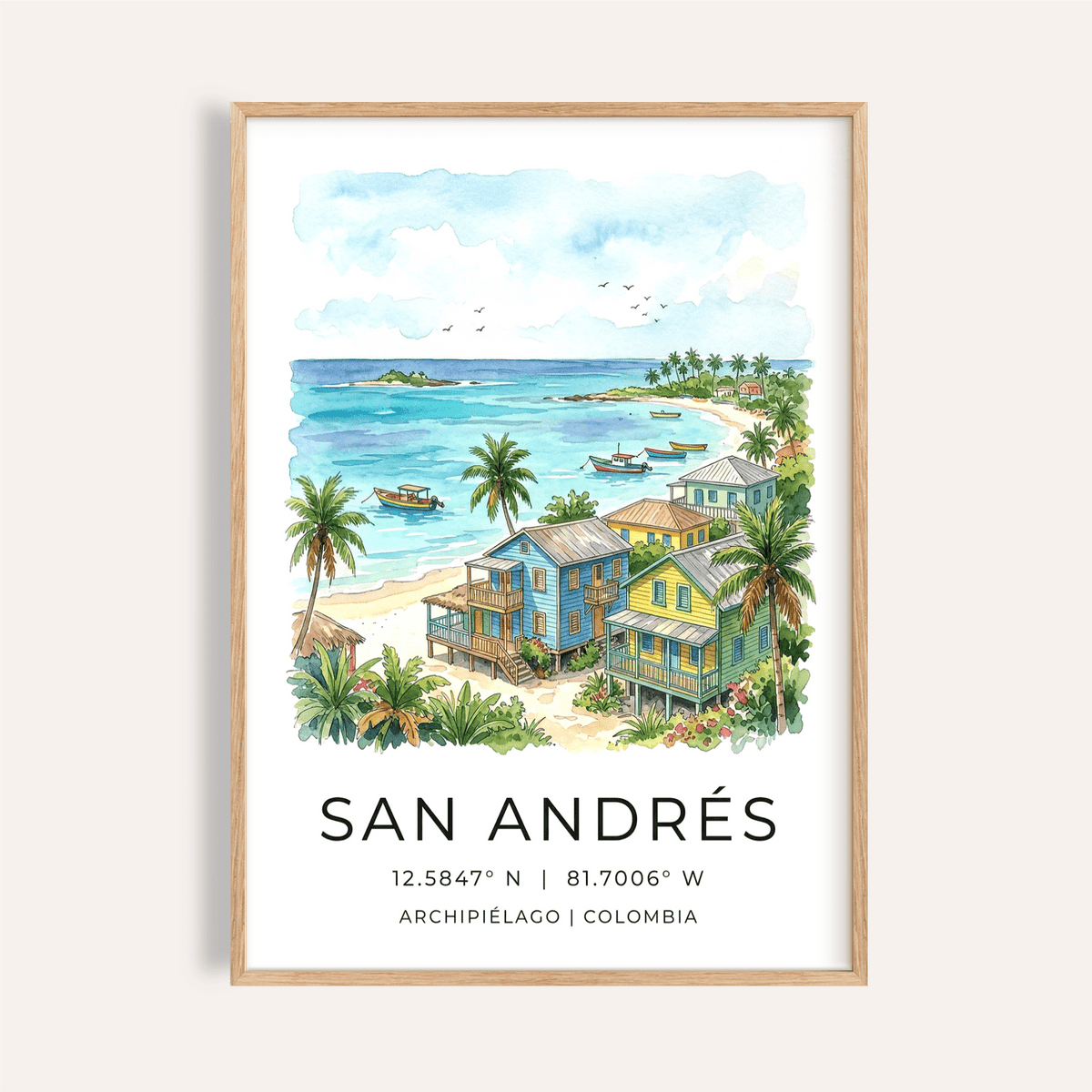 San Andres Art Print of beach houses in watercolour with blue and yellow tones