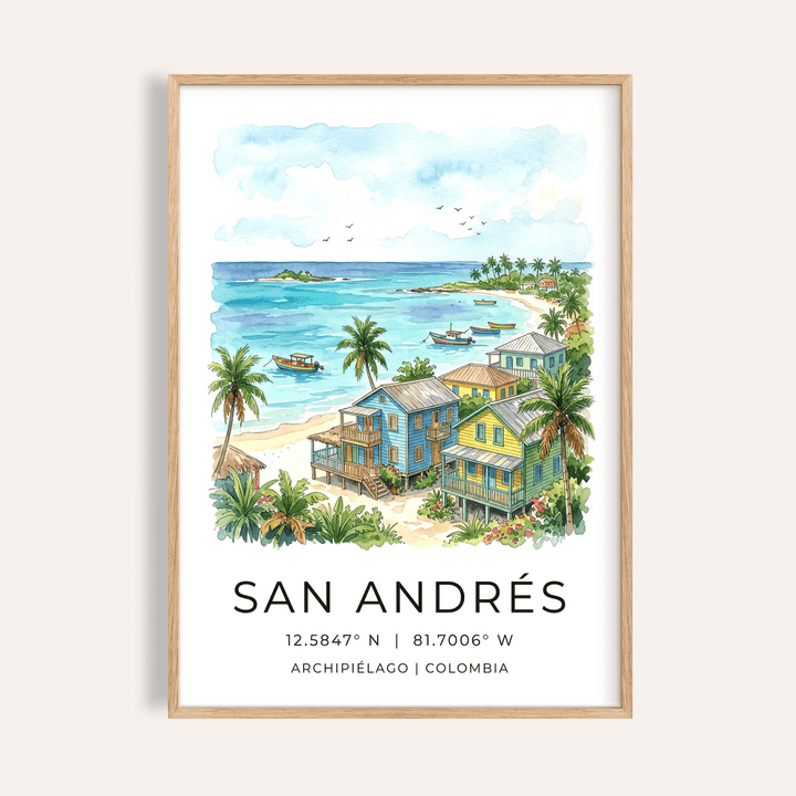 San Andres Art Print of beach houses in watercolour with blue and yellow tones
