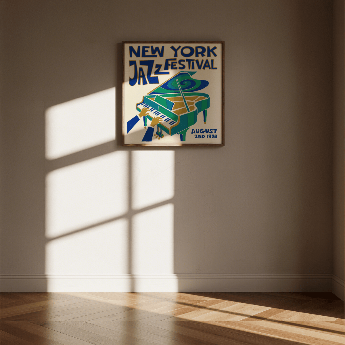 Print on a wall of New York Jazz Festival featuring a green piano with blue and beige accents