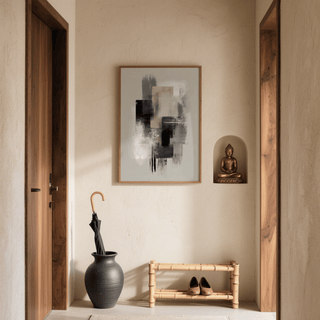 Large Wabi Sabi Print hanging on textured wall with a black umbrella in a pot nearby