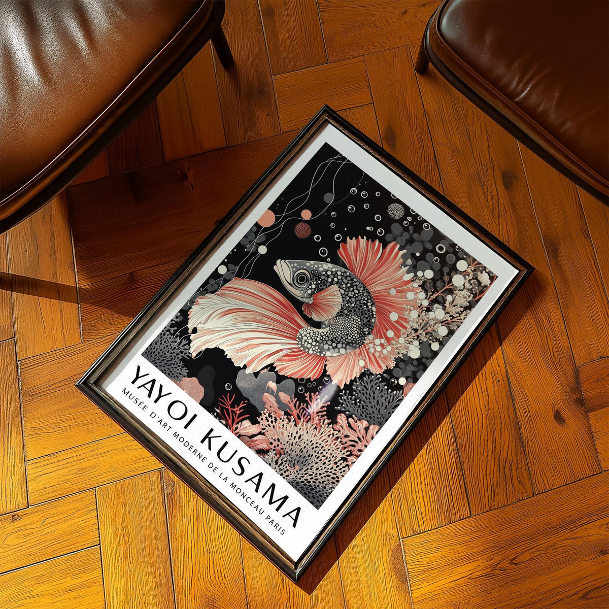 Framed Asian Wall Art with koi fish illustration in soft pink and black tones on wooden floor