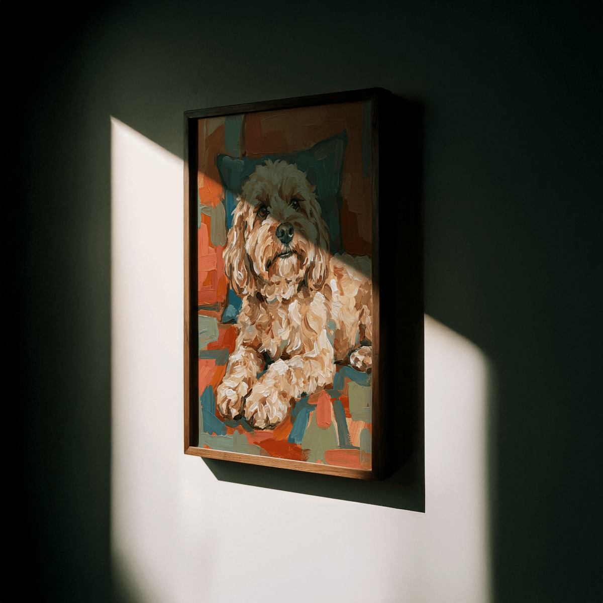 Framed Cockapoo Print with orange and teal brush strokes lit by a diagonal beam of sunlight