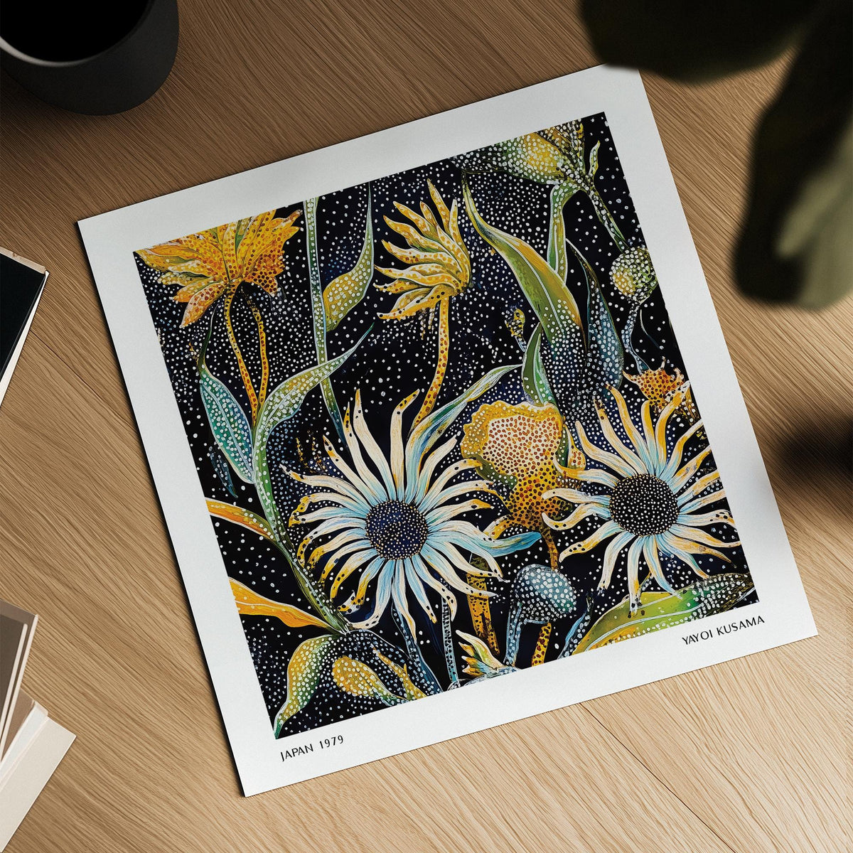 Abstract art floral print showing dotted flowers and leaves on a wooden surface near plant shadows