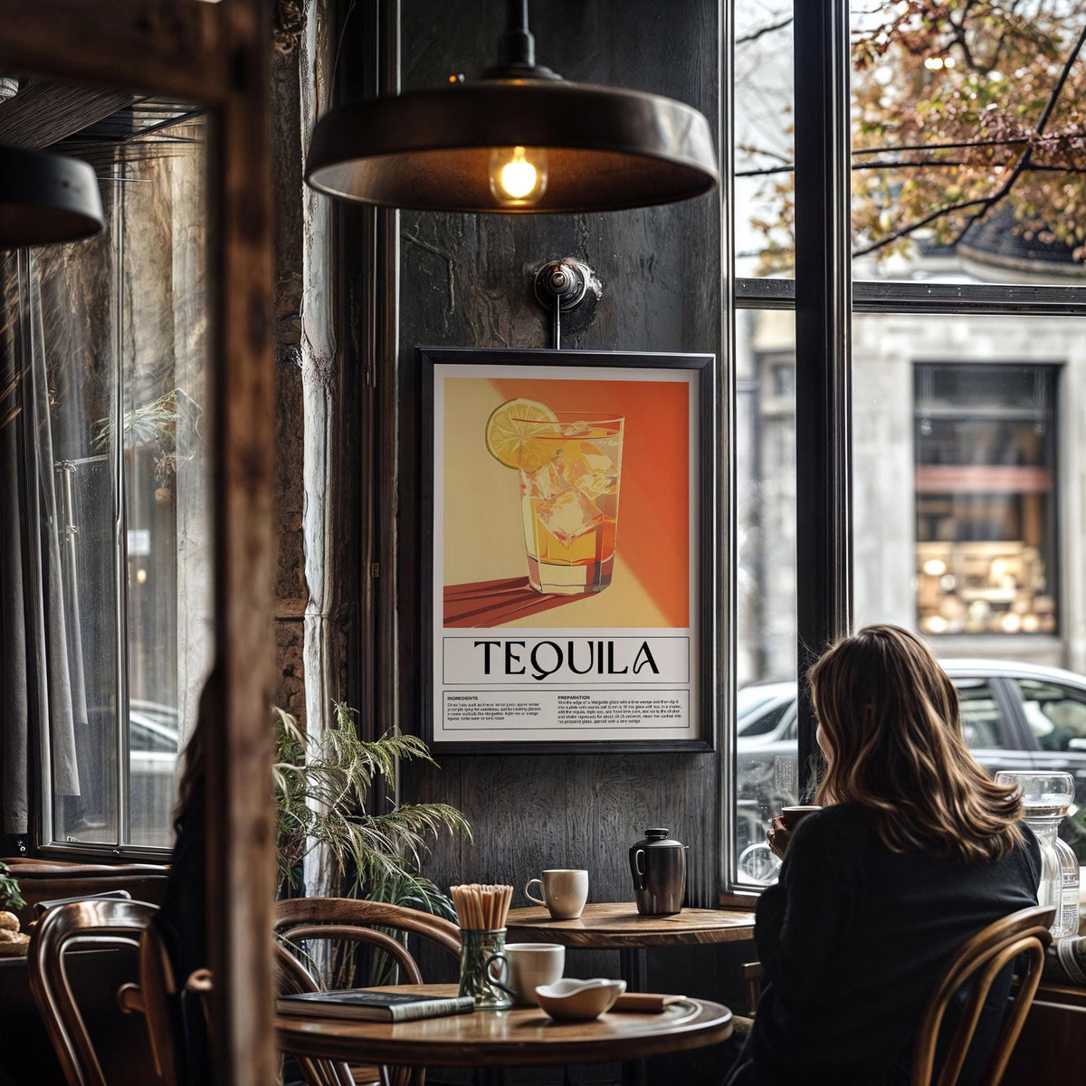 Home bar wall decor illustrating a tequila cocktail with lime in warm orange and yellow tones in a café