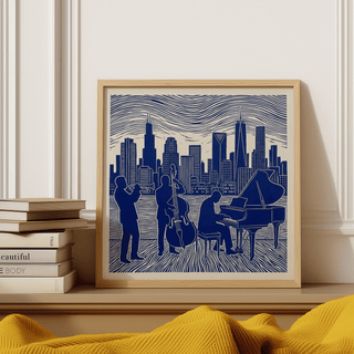 Framed Musician Poster Art of a jazz trio playing in blue against a city skyline above a yellow throw
