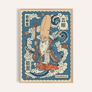 Framed Fukurokuju wall art with a Japanese woodblock style figure in blue and orange robes