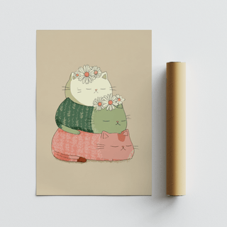 Rolled print with Cute Cat Art Print showing stacked cats with daisies on a beige background