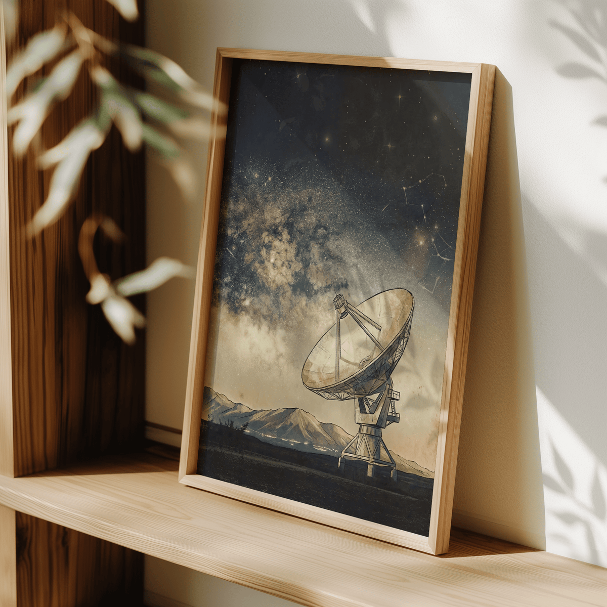 Print leaning on a shelf of a satellite dish under a starry night sky with mountain silhouettes and plant nearby