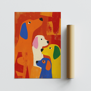 Colorful Dog Print lying next to a brown cardboard tube with abstract dogs in bright colours