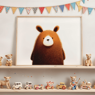 Print of a brown cartoon bear in a kids-illustration style on a shelf with toys and bunting