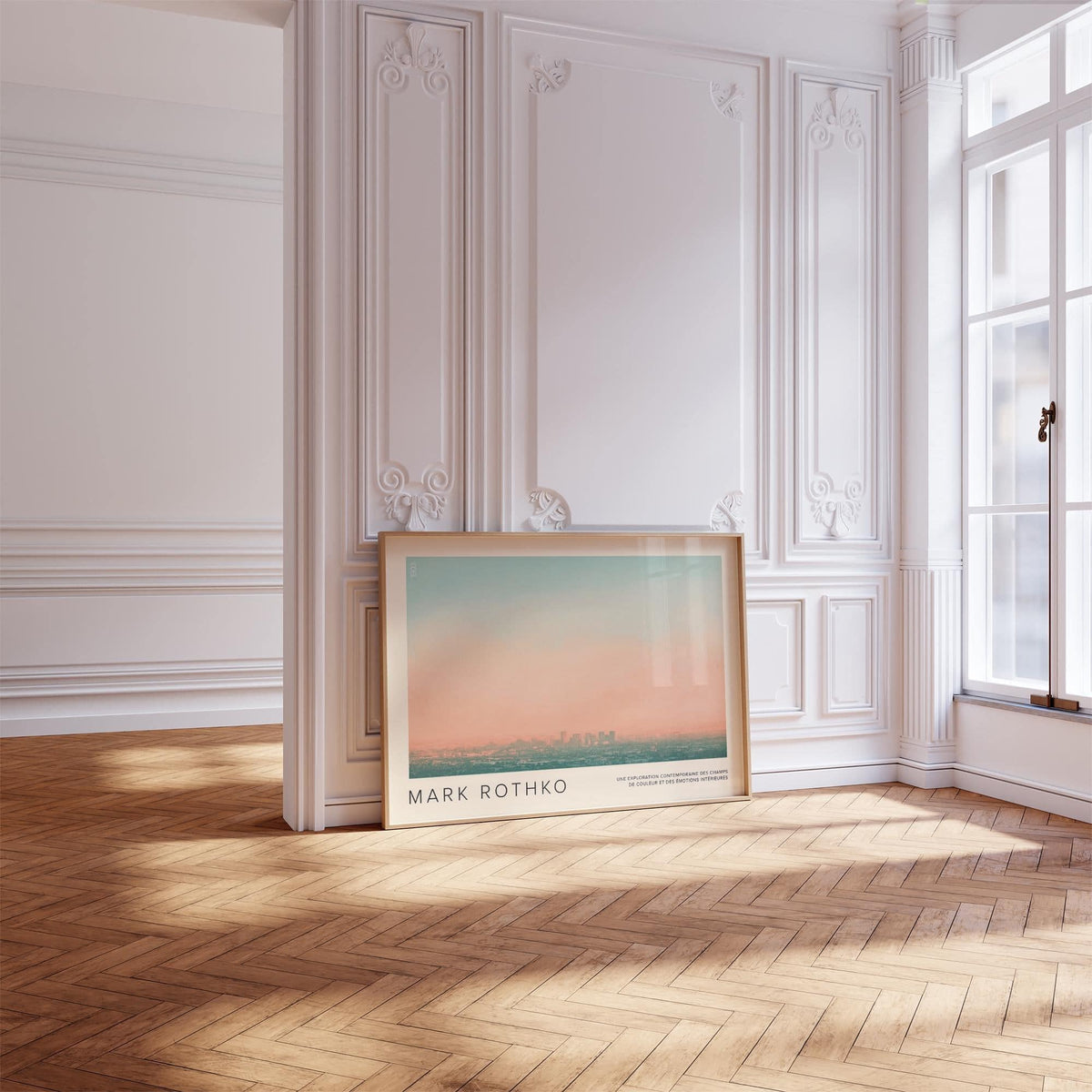 Print of Skyline Wall Pictures with soft peach and turquoise hues leaning on a wooden floor near a large window