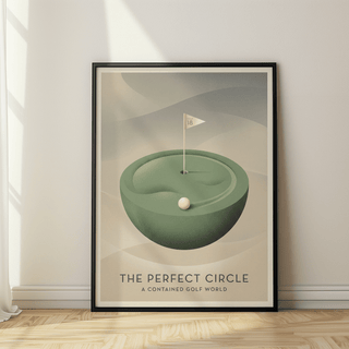 Golf art print of a minimalist circular green golf hole with hole 18 flag in a black frame