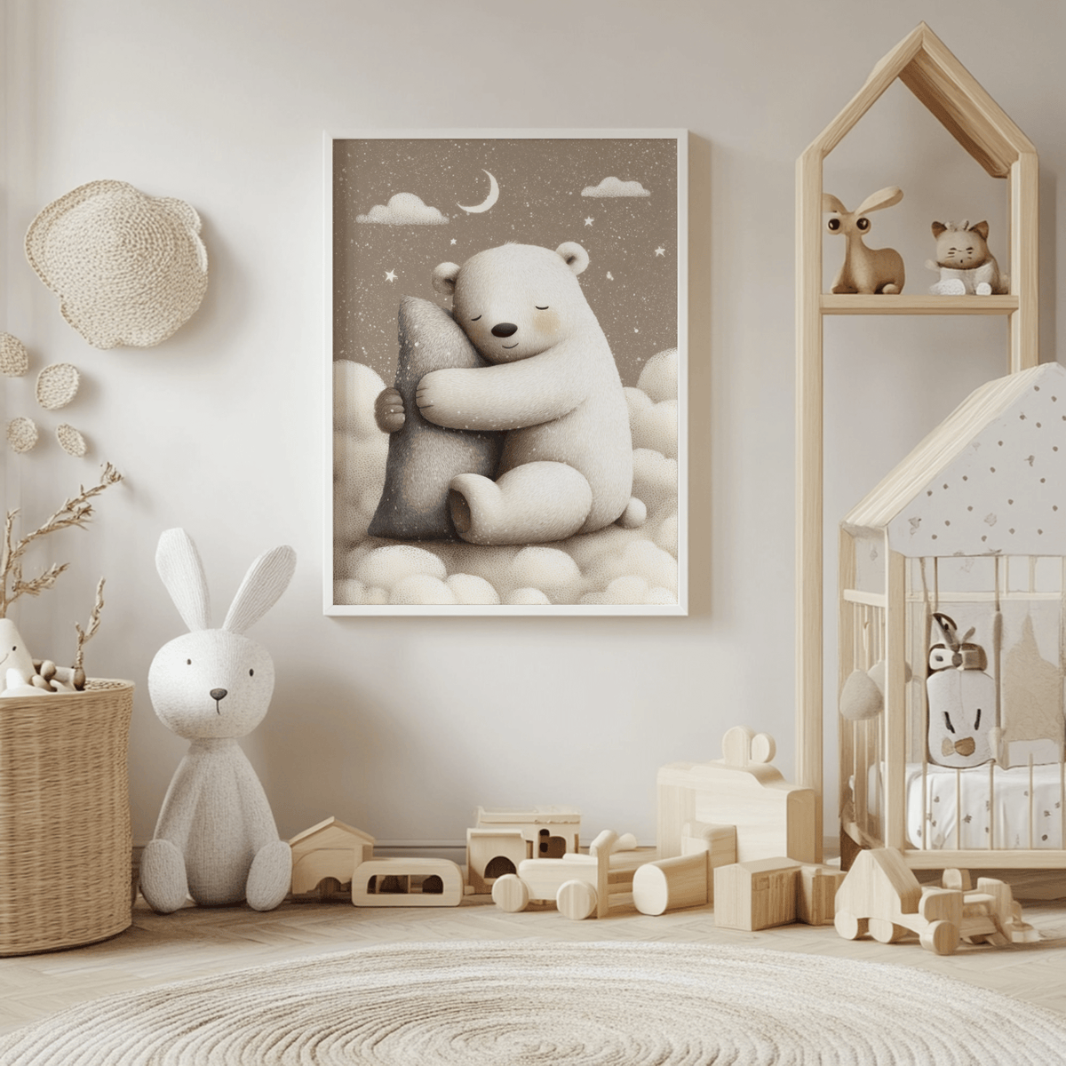 Polar Bear Nursery Print in a nursery room with wooden toys and plush rabbit