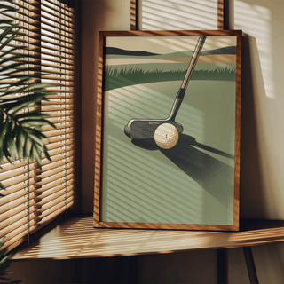 Golf Putter Art Print leaning on a wooden shelf with sunlight and shadows from blinds on the wall