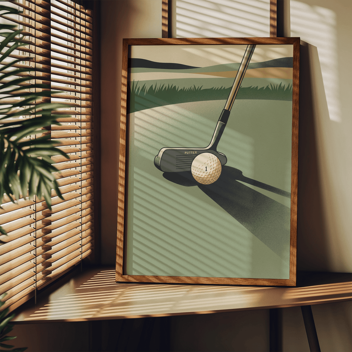 Golf Putter Art Print leaning on a wooden shelf with sunlight and shadows from blinds on the wall