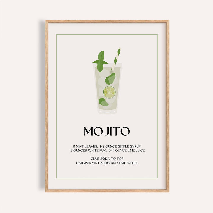 Framed print of mojito cocktail illustration with green and white minimalist style