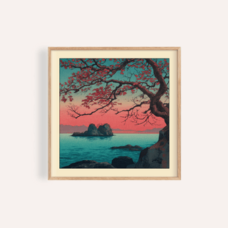 Framed Hasui Kawase Sunset Seascape Print showing a red maple tree by the sea with a pink and teal sky
