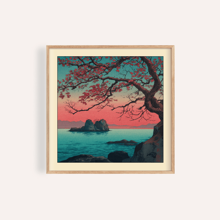 Framed Hasui Kawase Sunset Seascape Print showing a red maple tree by the sea with a pink and teal sky