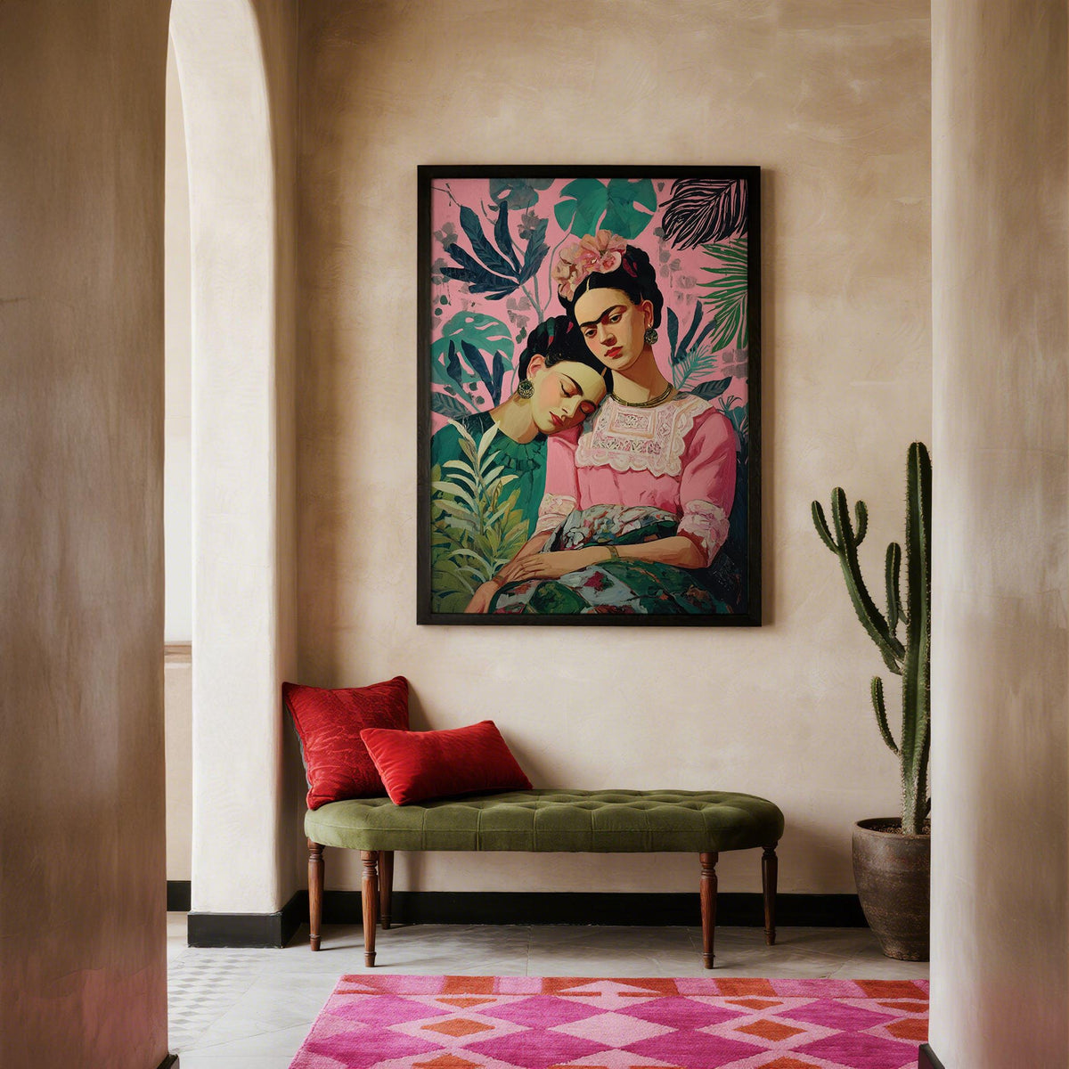 Wall Art Frida Kahlo of two women with pink and green background in a hallway with a cactus and green bench