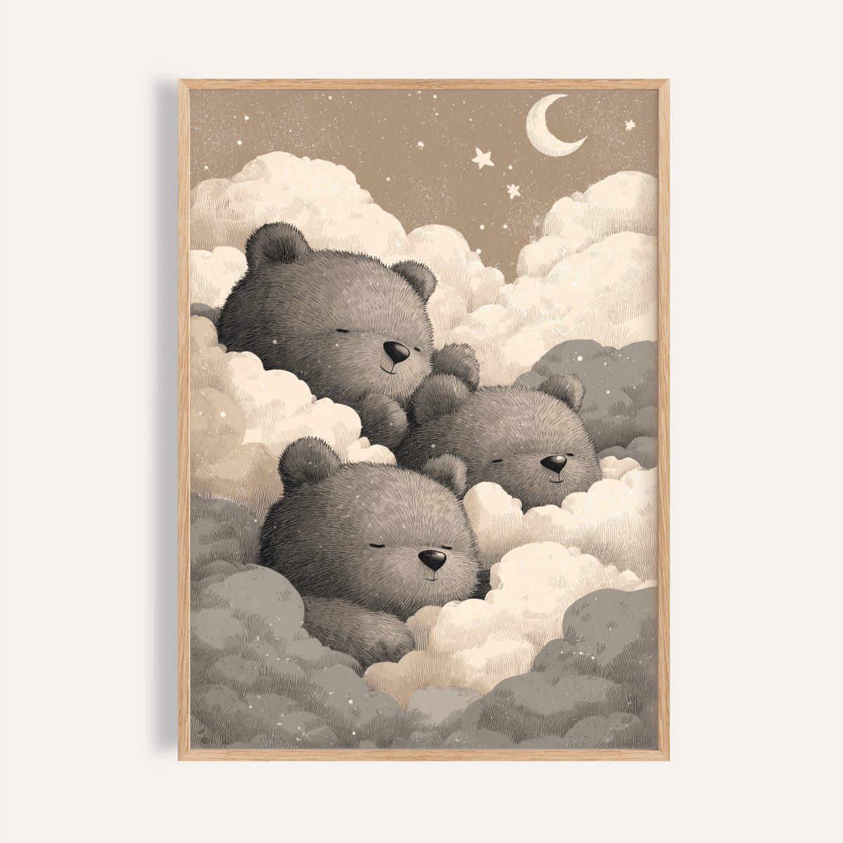 Framed print of teddy bear wall art for nursery showing three sleeping bears among clouds and stars