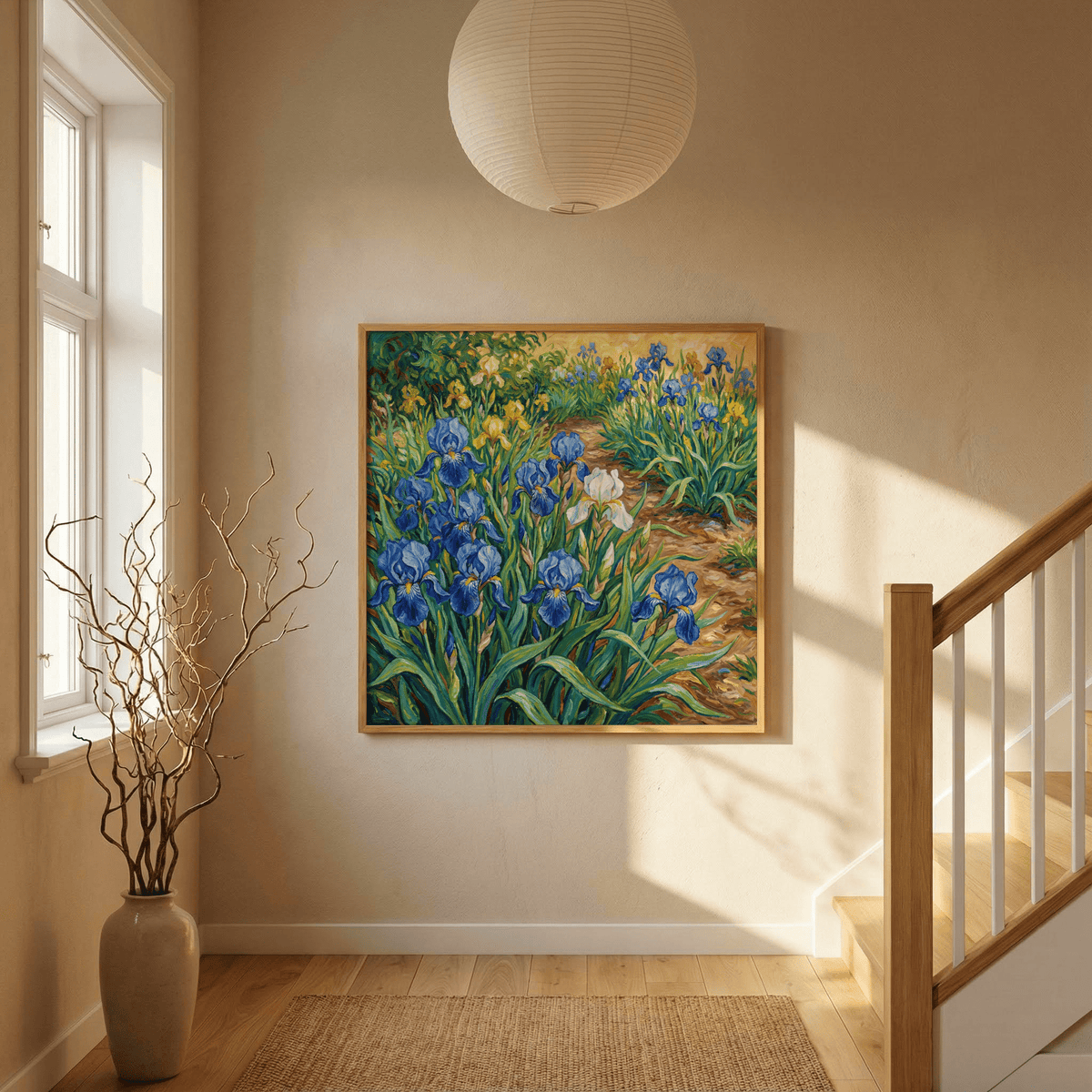 Blue Iris Art Print leaning on a cream wall in a hallway with sunlight and dried branches in a vase