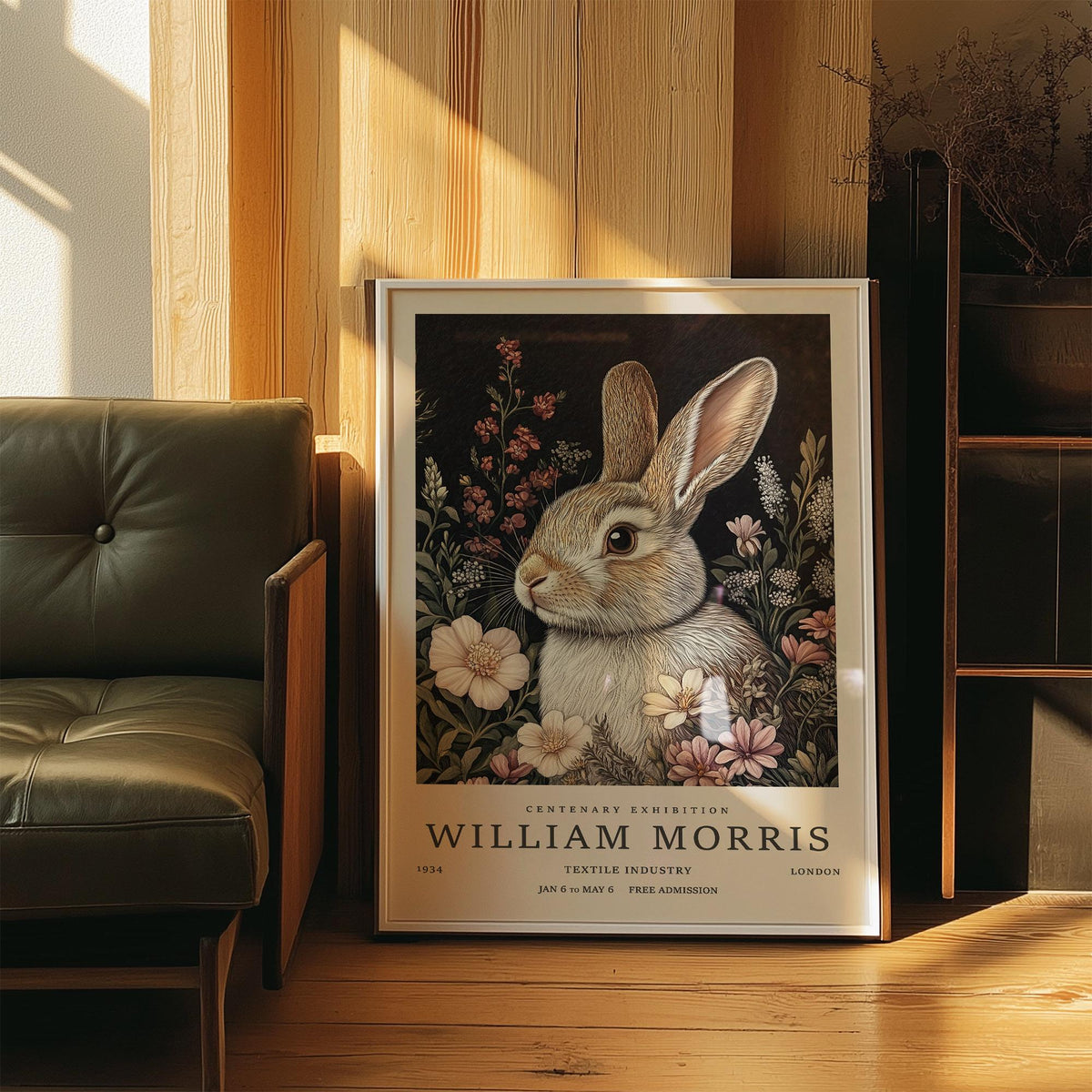 Vintage Rabbit Art print leaning on a wooden floor near a dark green leather armchair in natural light