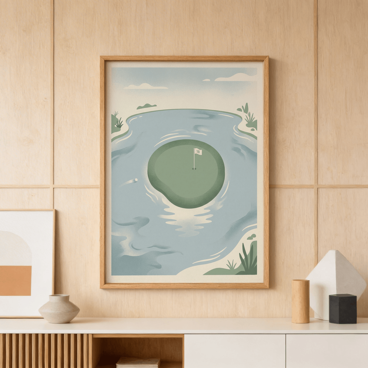18th Hole wall art of a golf green on island with soft blue and green tones above a sideboard
