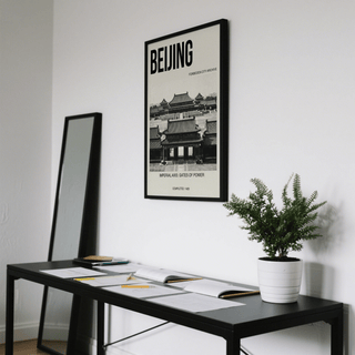 Beijing Architecture Art Print minimalist photographic style on a white wall above a black desk and a green plant