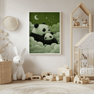 Print on a wall in a nursery of a sleeping panda and cub amid green clouds with a crescent moon