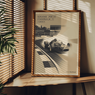 Sports Car Poster depicting 1967 grand prix style scene with race car on track