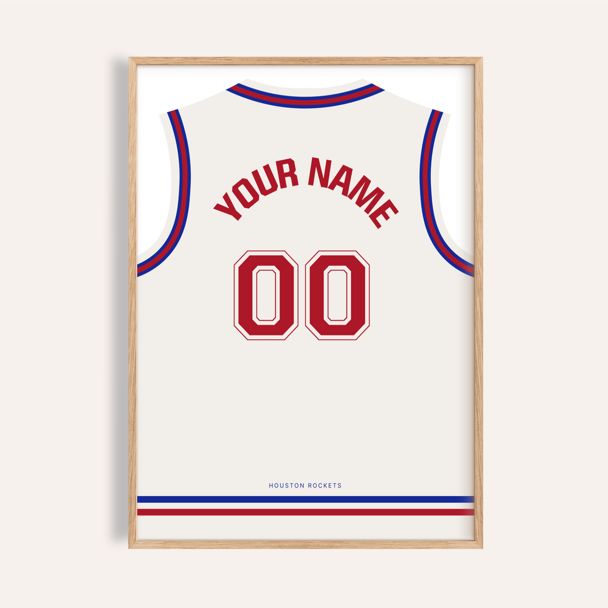 Framed close-up of a basketball jersey poster in white with red number and blue striped edges
