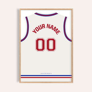 Framed close-up of a basketball jersey poster in white with red number and blue striped edges