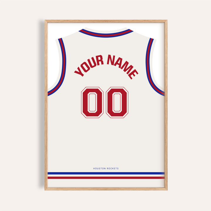 Framed close-up of a basketball jersey poster in white with red number and blue striped edges