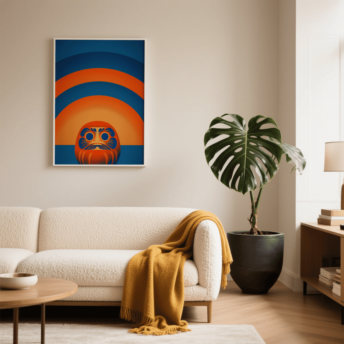 Daruma Doll wall art in orange blue and beige above a cream sofa with a mustard throw