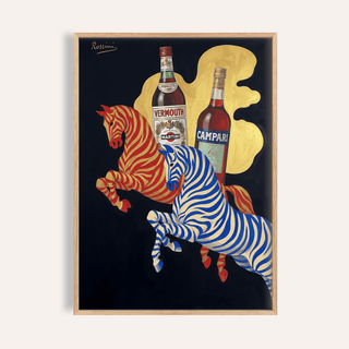 Framed Vintage Beverage Art with striped horses in red and blue illustration on black background
