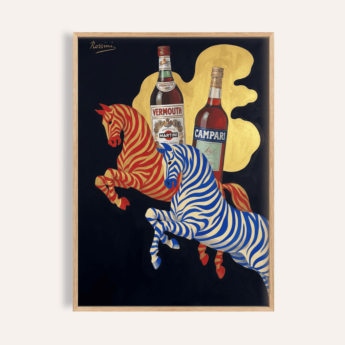 Framed Vintage Beverage Art with striped horses in red and blue illustration on black background
