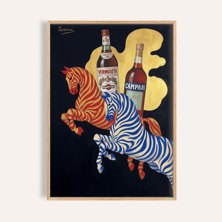 Framed Vintage Beverage Art with striped horses in red and blue illustration on black background