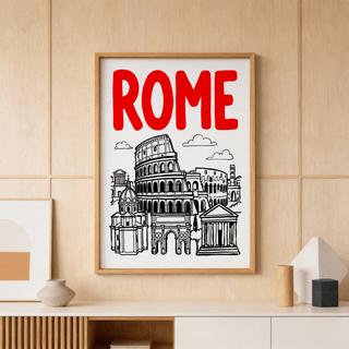 Framed Rome City Art Print with bold red text and black line-art landmarks on a wooden wall above shelf
