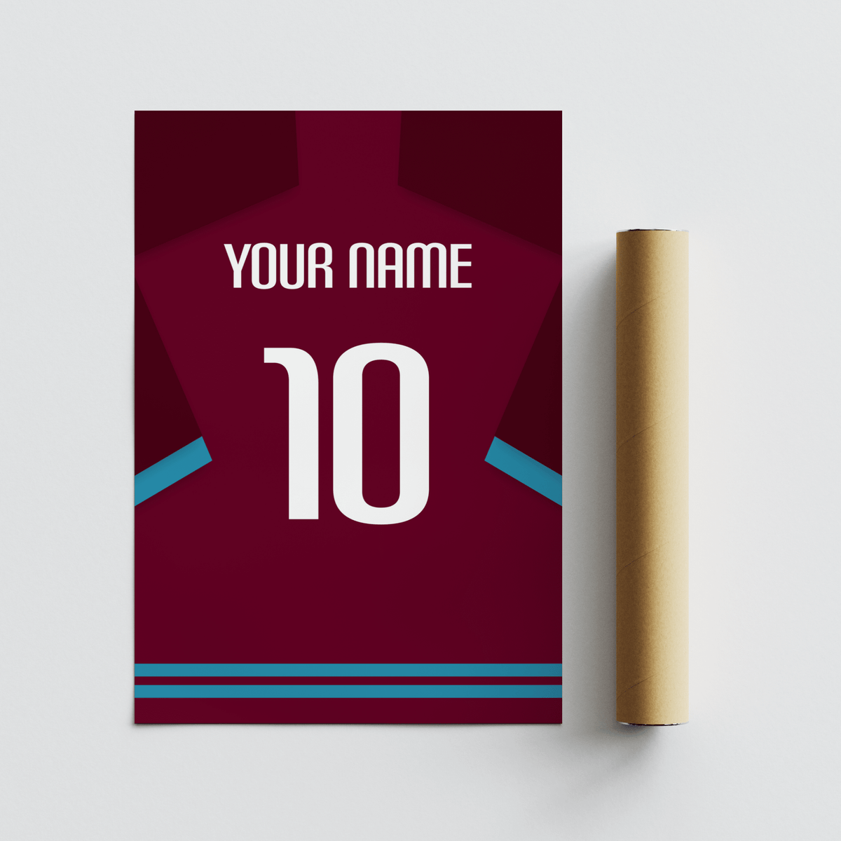 Custom football shirt back with claret and light blue sleeve trim shown next to a packaging tube