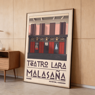 Framed Teatro Lara wall art with minimalist theatre facade in red and pink leaning on wooden floor